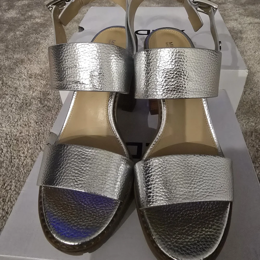 Michael Kors Silver Textured Leather Block Heel Sandals
